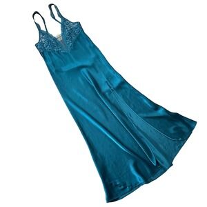 Vintage 90s Victoria's Secret Gold Label Teal Lace Maxi Nightgown Slip Dress XS